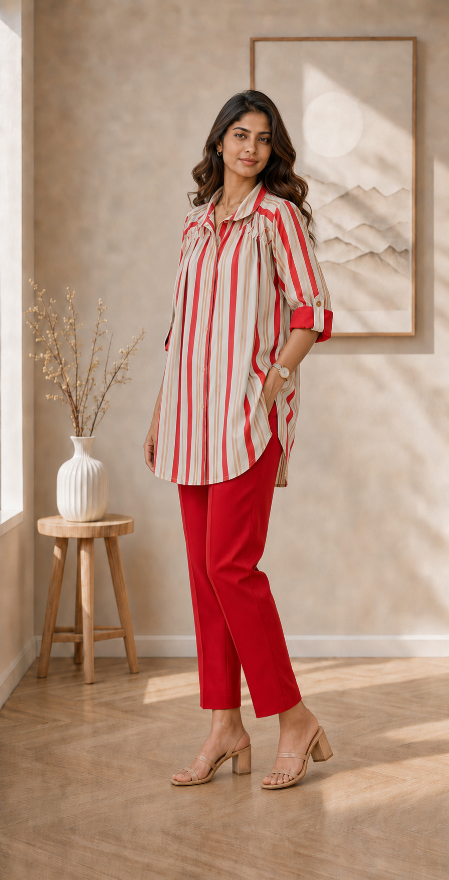 Women’s Red Striped Pintuck Muslin Top