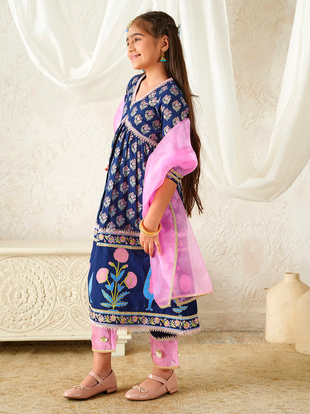 Pspeaches Girls Navy Blue & Pink Ethnic Floral Print Cotton A-Line Kurta & Pant With Dupatta ( Sku-Ks-Pinksunflower )