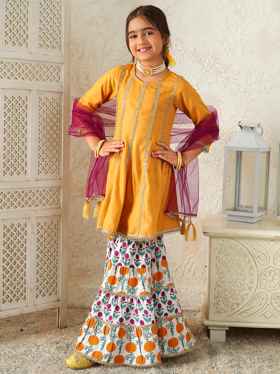 Pspeaches Girls Mustard Ethnic Floral Print Rayon A- Line Kurta & Sharara With Dupatta ( Sku-Sha-Mustardrayon )