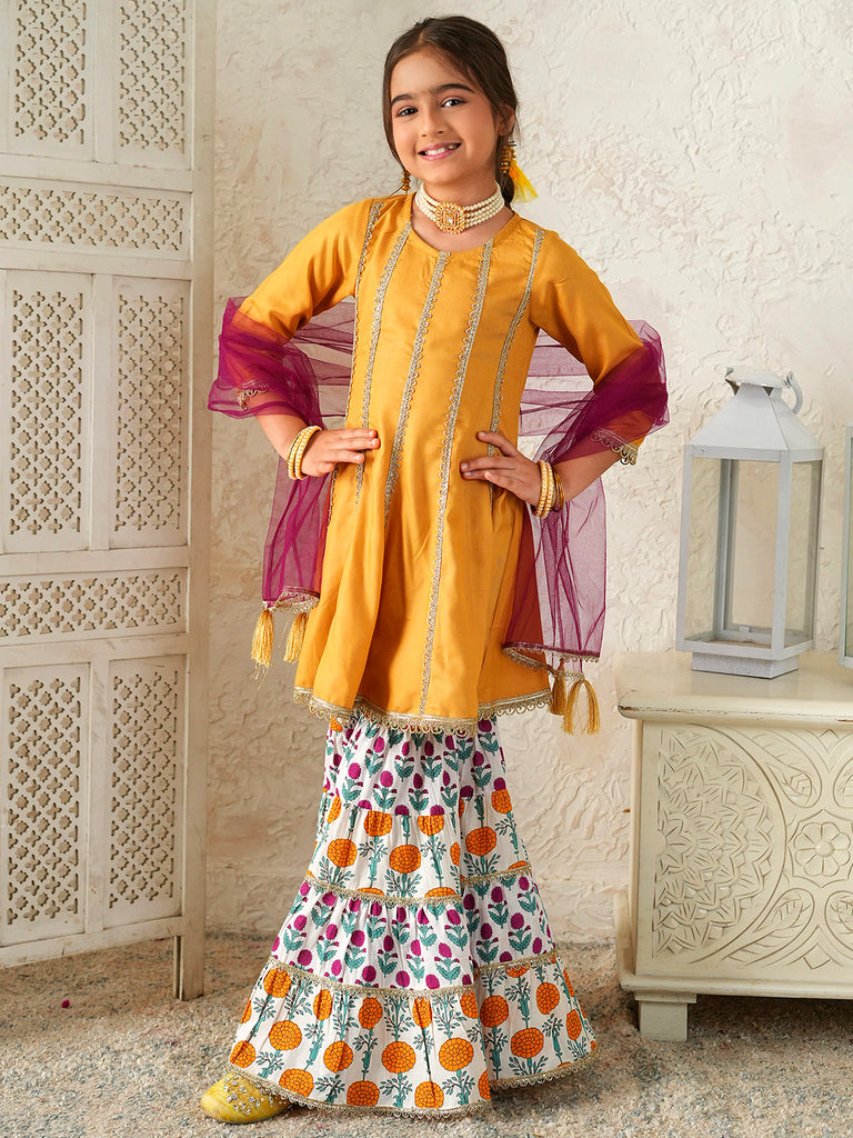 Pspeaches Girls Mustard Ethnic Floral Print Rayon A- Line Kurta & Sharara With Dupatta ( Sku-Sha-Mustardrayon )