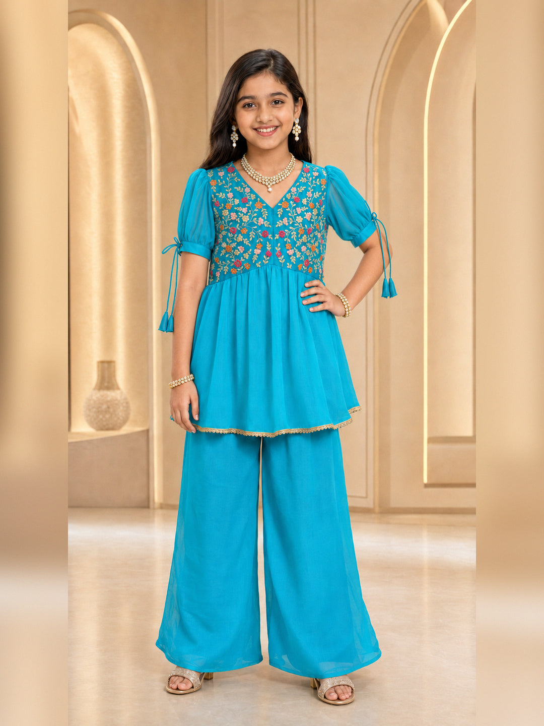 Pspeaches Girls Georgette Half Sleeves V-Neck Embroidered Turq Kurti & Palazzo 2 Piece Set