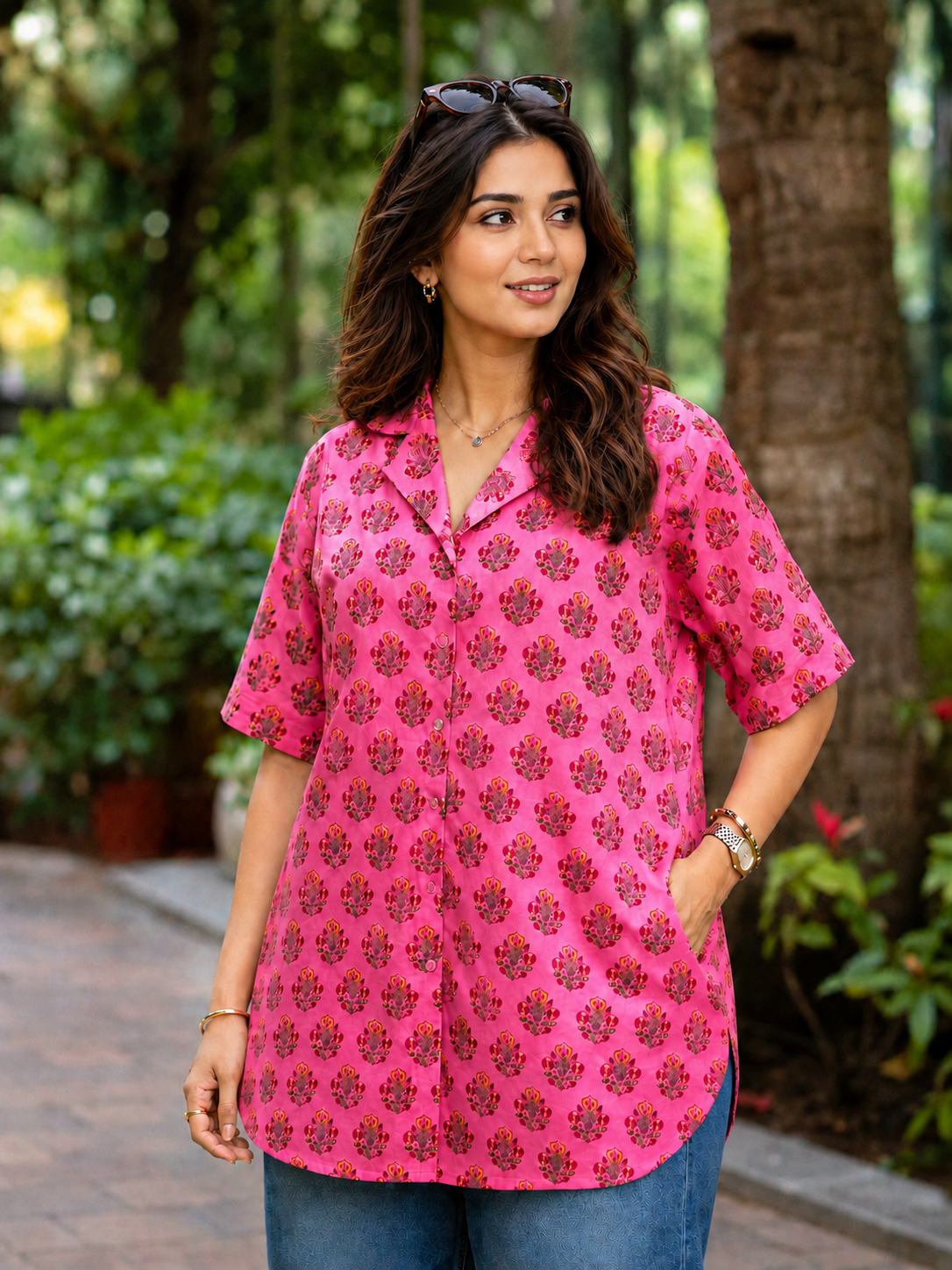 Pspeaches Women Cotton 3/4Th Sleeves Collared Neck Floral Print 1 Piece Shirt - Pink