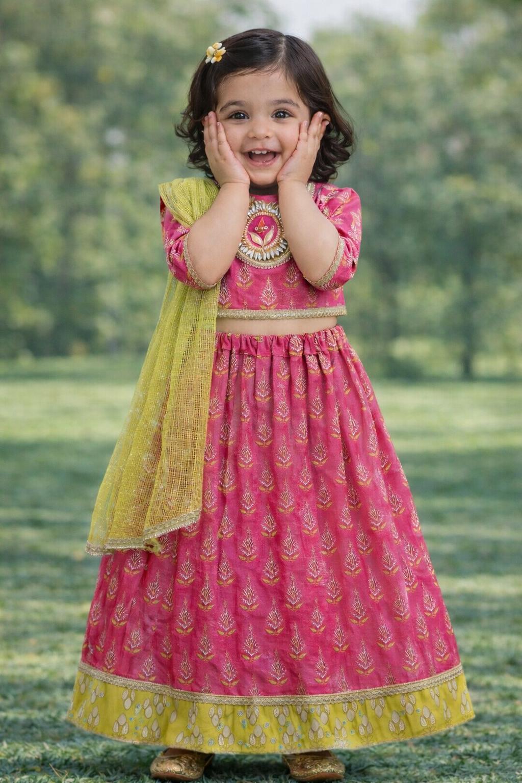 Pspeaches Baby Girls Pink Ethnic Booti Print Cotton Circular Lehenga & Choli With Dupatta ( Sku-Ing-Lgreenfoil )