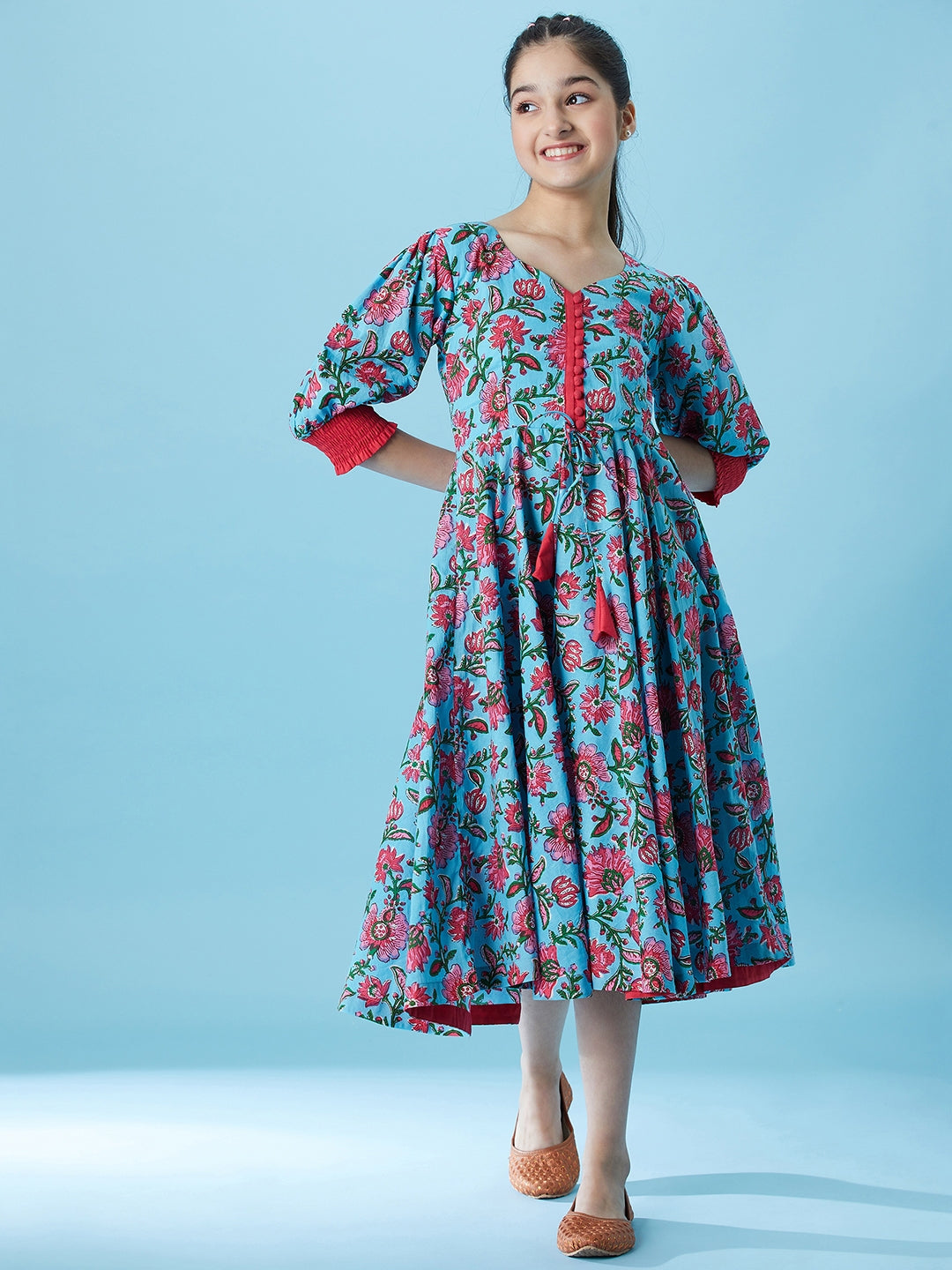 Pspeaches Girls Floral Printed Fit & Flare Cotton Midi Dress (IW-JAALBLUE)
