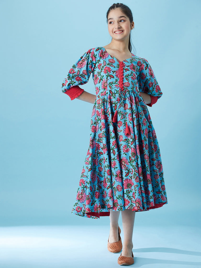 Pspeaches Girls Floral Printed Fit & Flare Cotton Midi Dress (IW-JAALBLUE)