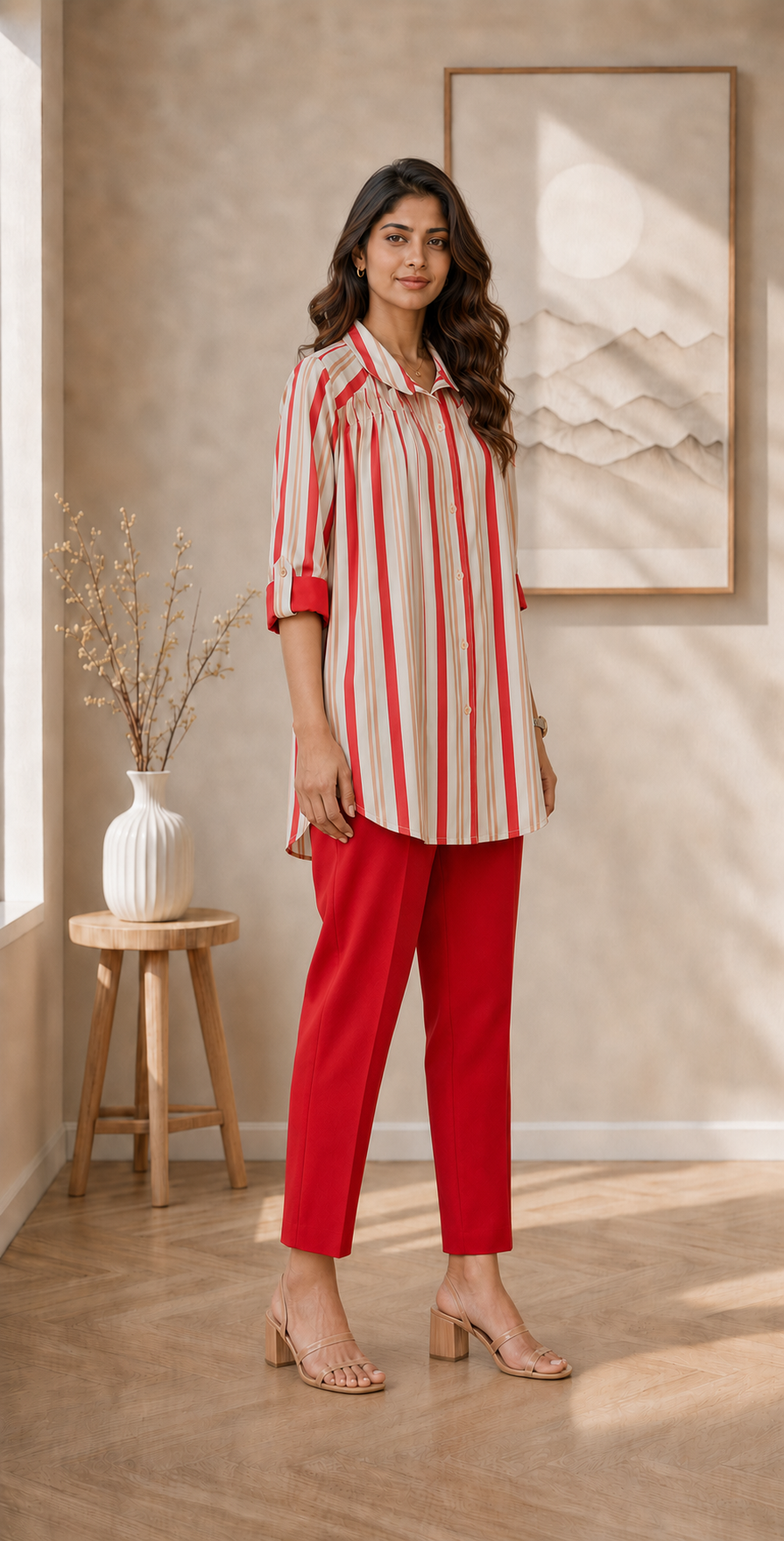 Women’s Red Striped Pintuck Muslin Top
