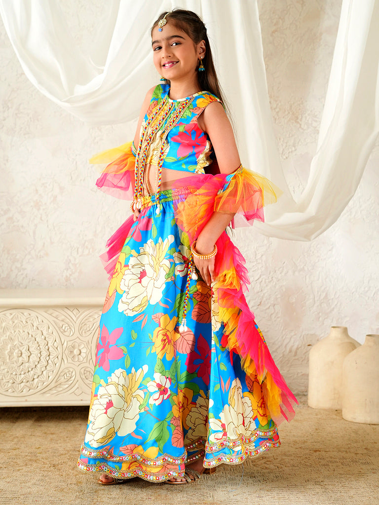 Pspeaches Girls Multi Ethnic Floral Print Satin Circular Lehenga & Choli With Dupatta ( Sku-L-Bluecrepe )