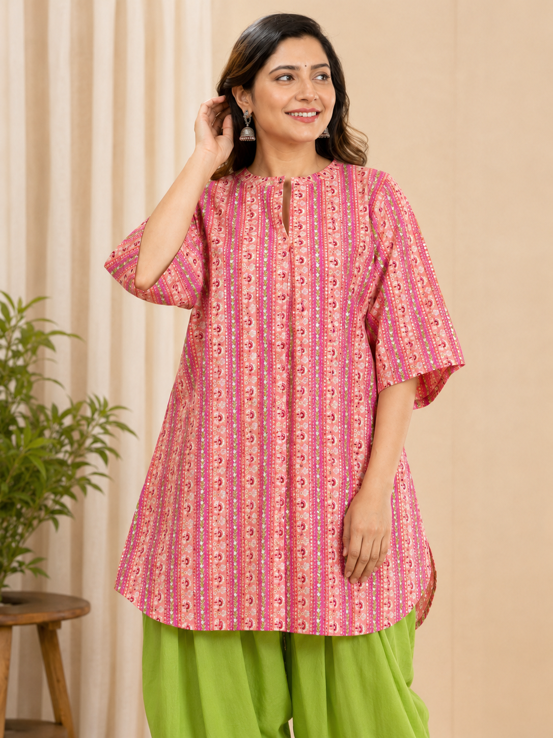 Women's Pink Cotton Striped Straight Kurta Set with Salwar