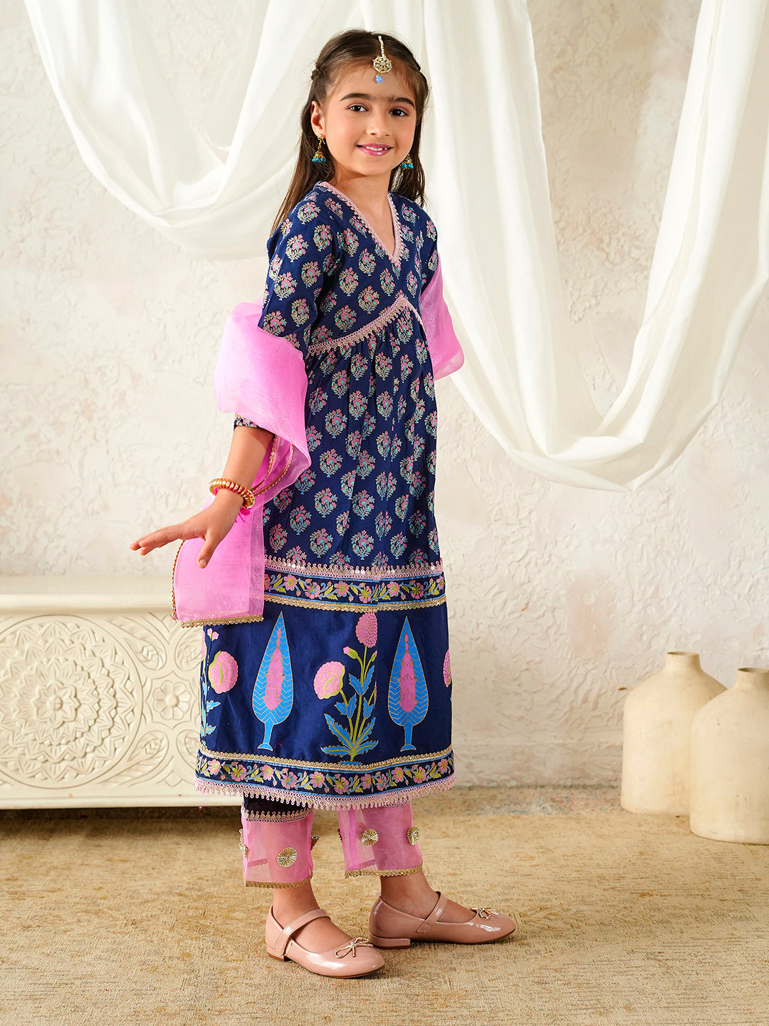Pspeaches Girls Navy Blue & Pink Ethnic Floral Print Cotton A-Line Kurta & Pant With Dupatta ( Sku-Ks-Pinksunflower )