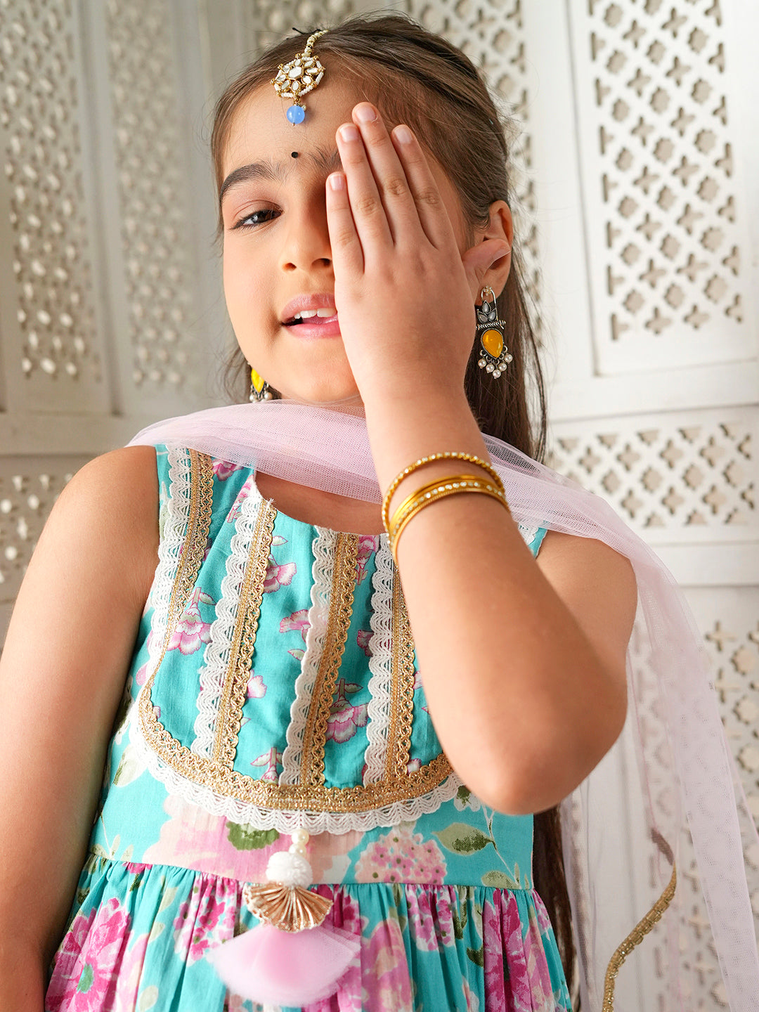 Pspeaches Girls Sky-Blue Ethnic Floral Print Cotton A-Line Kurta & Sharara With Dupatta ( Sku-Sha-Bluecambric )