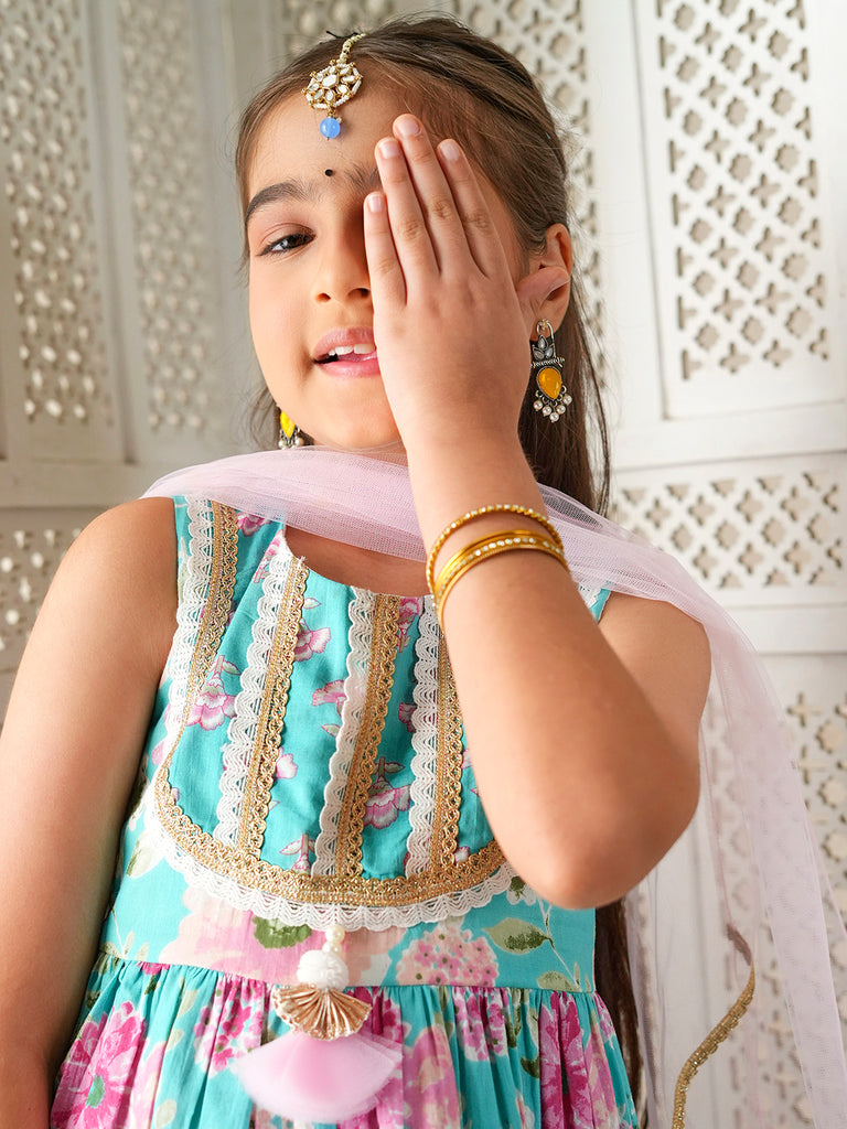 Pspeaches Girls Sky-Blue Ethnic Floral Print Cotton A-Line Kurta & Sharara With Dupatta ( Sku-Sha-Bluecambric )
