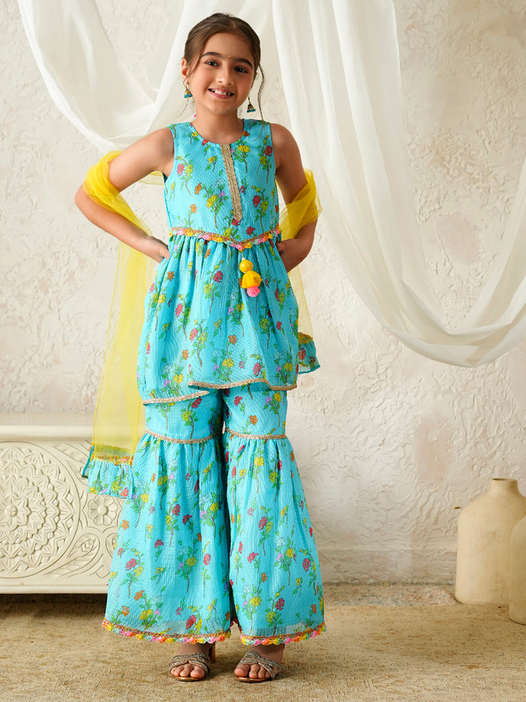 Pspeaches Girls Turquoise & Yellow Ethnic Floral Print Kota-Doria A-Line Kurta & Sharara With Dupatta ( Sku-Sha-Turqkota )