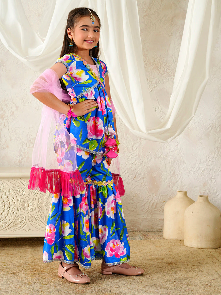 Pspeaches Girls Multi Ethnic Floral Print Rayon A-Line Kurta & Sharara With Dupatta ( Sku-Sha-Pinkwtrose )