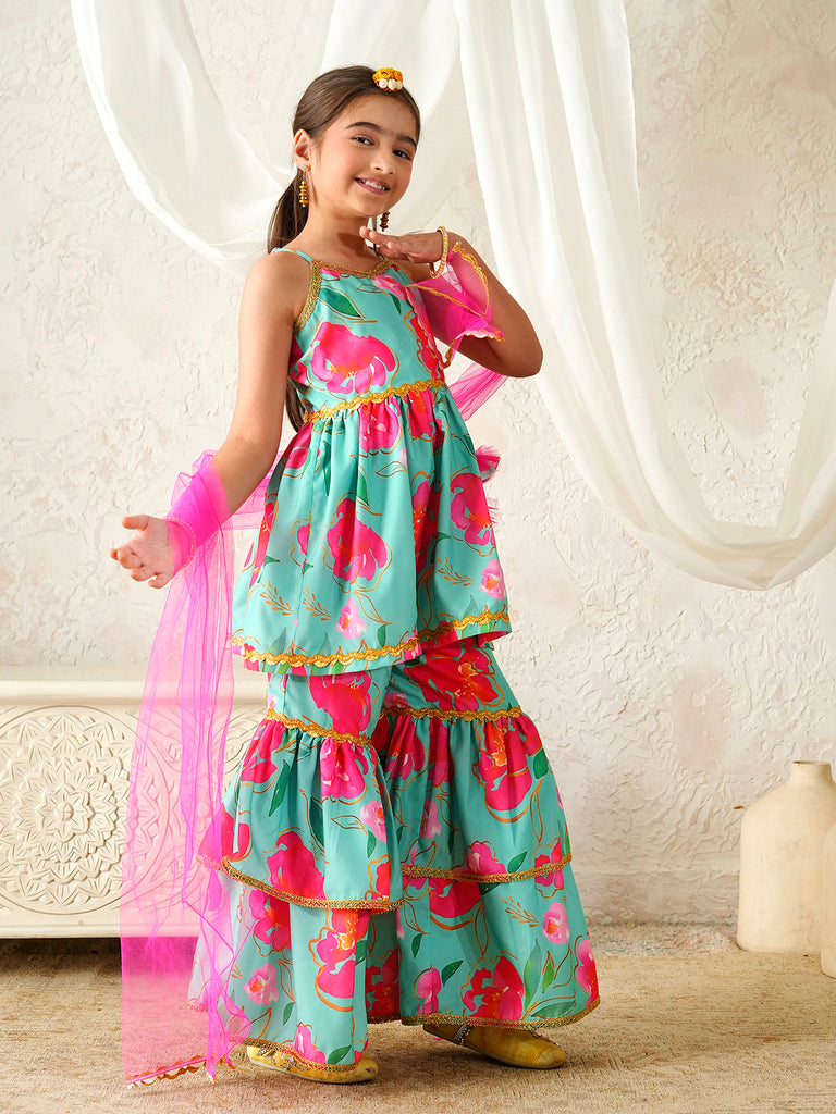 Pspeaches Girls Sea-Green Ethnic Floral Print Rayon A-Line Kurta & Sharara With Dupatta ( Sku-Sha-Tlgreenkota )