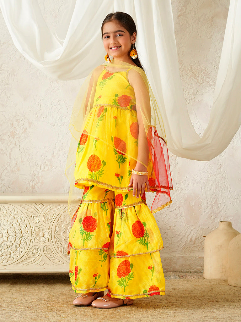 Pspeaches Girls Yellow Ethnic Floral Print Kota-Doria A-Line Kurta & Sharara With Dupatta ( Sku-Sha-Ylredrose )