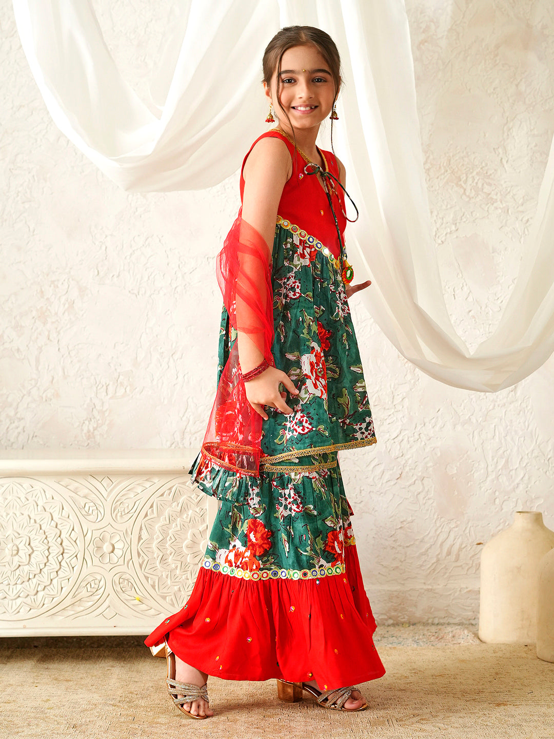 Pspeaches Girls Red & Green Ethnic Floral Print Cotton A-Line Kurta & Sharara With Dupatta ( Sku-Sha-Redgreenmirror )