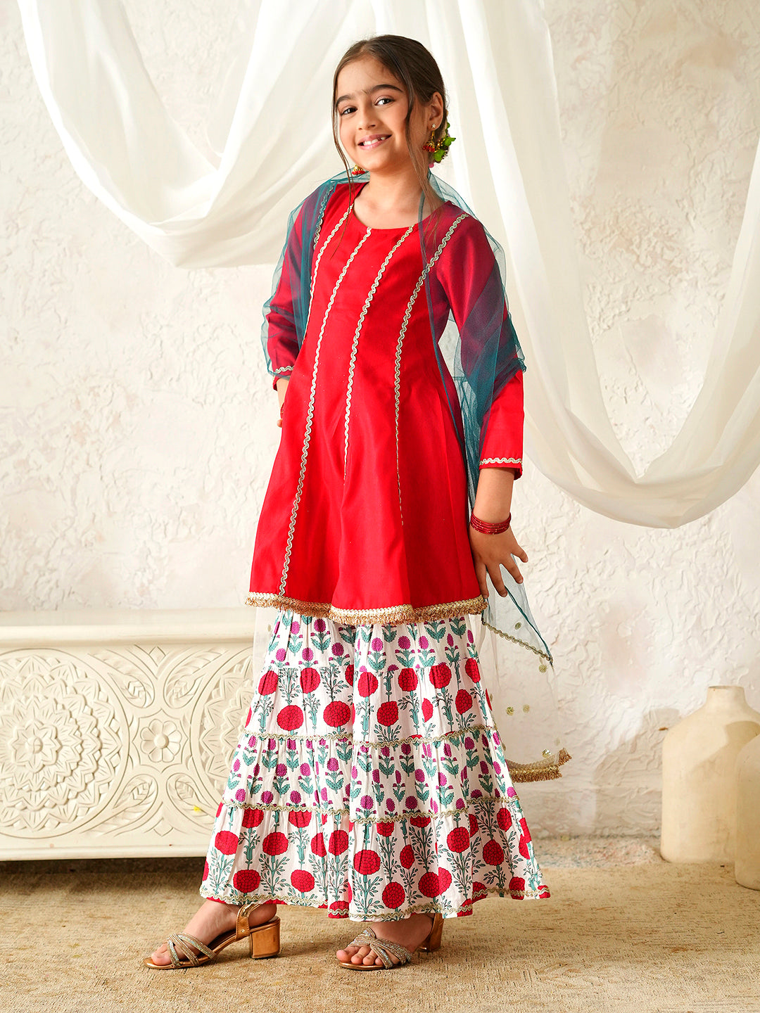 Pspeaches Girls Red Ethnic Floral Print Rayon A-Line Kurta & Sharara With Dupatta ( Sku-Sha-Redrayon )