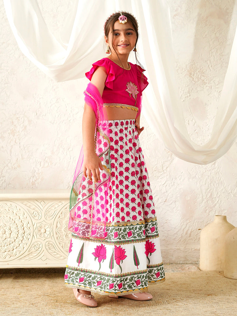 Pspeaches Girls Magenta & White Ethnic Booti Print Rayon Circular Lehenga & Choli With Dupatta ( Sku-L-Mglotuspatch )