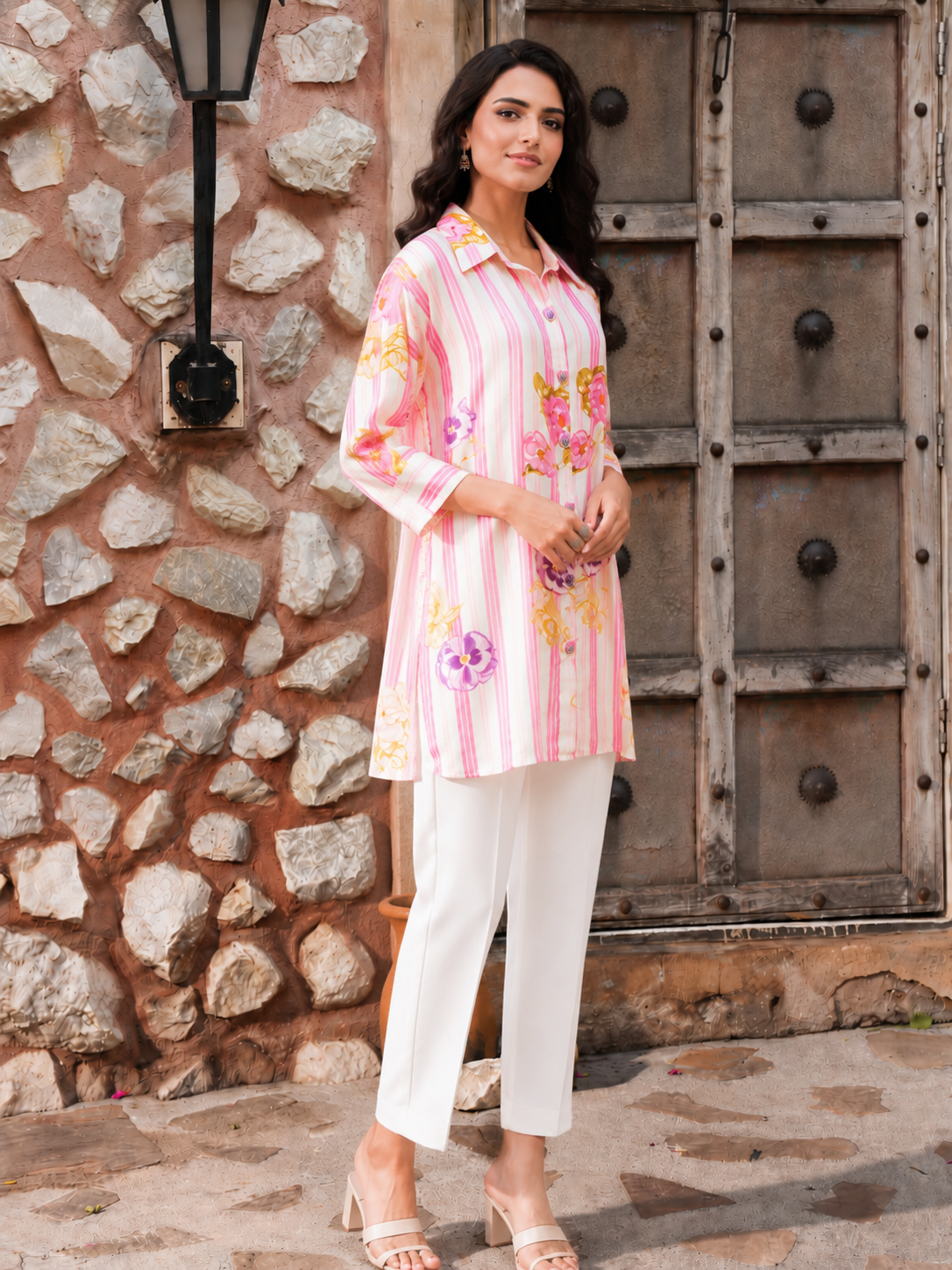 Women’s Pink Striped Printed Muslin Top