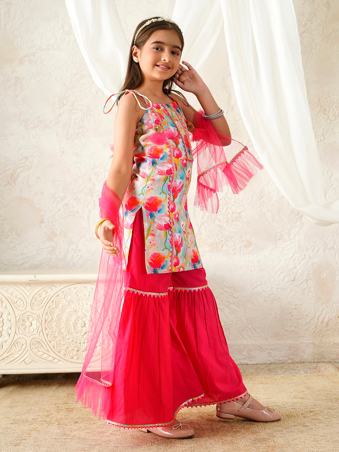 Pspeaches Girls Pink Ethnic Floral Print Rayon A-Line Kurta & Sharara With Dupatta ( Sku-Sha-Pinkmuslin )