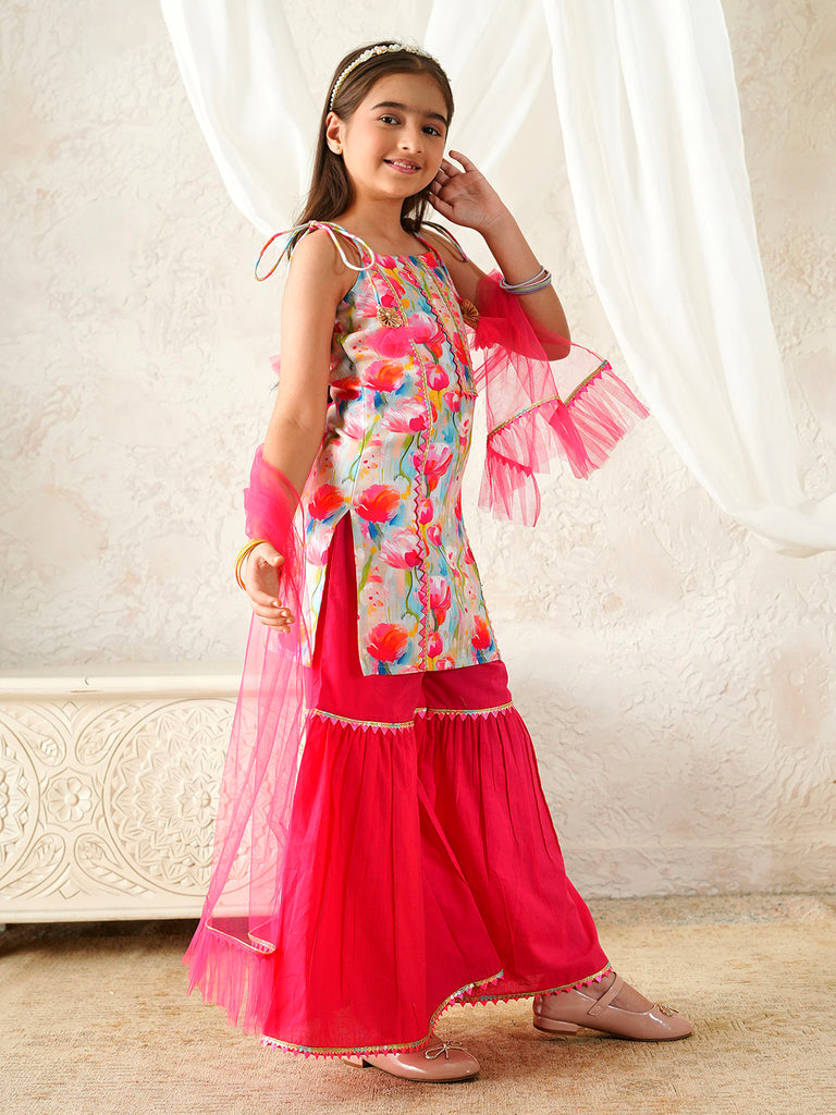Pspeaches Girls Pink Ethnic Floral Print Rayon A-Line Kurta & Sharara With Dupatta ( Sku-Sha-Pinkmuslin )