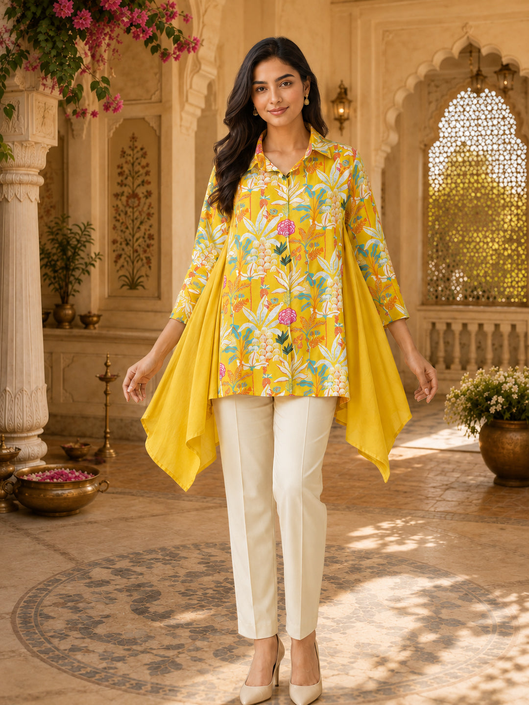 Women’s Yellow Floral Asymmetrical Muslin Top