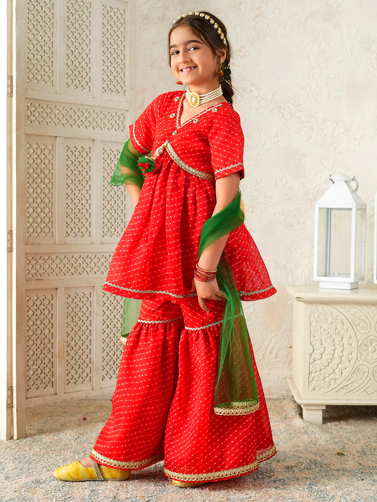 Pspeaches Girls Red Ethnic Leheriya Print Kota-Doria A-Line Kurta & Sharara With Dupatta ( Sku-Sha-Redleheriya )