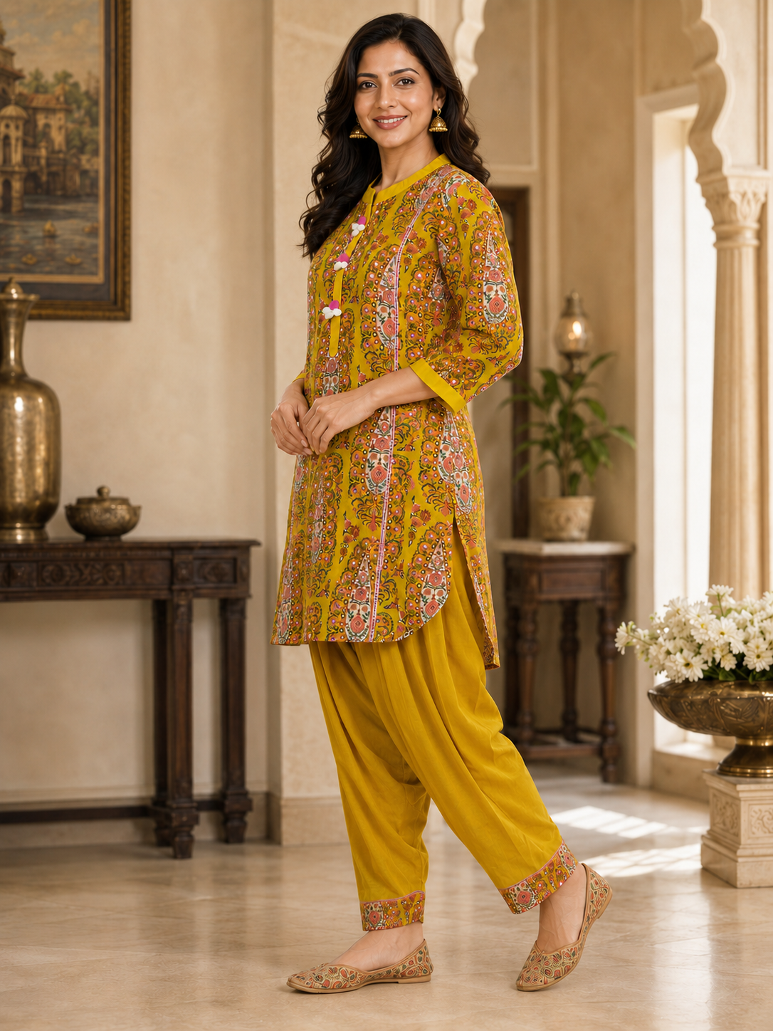Women’s Yellow Floral Cotton Mirror Work Kurta Set