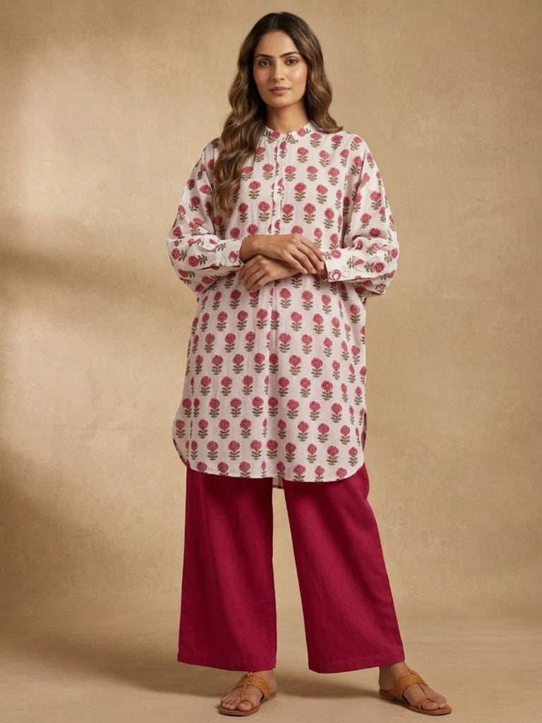 Pspeaches Women Cotton Full Sleeves Mandarin Collar Floral Print Kurta With Pant 2 Piece Set - White & Maroon