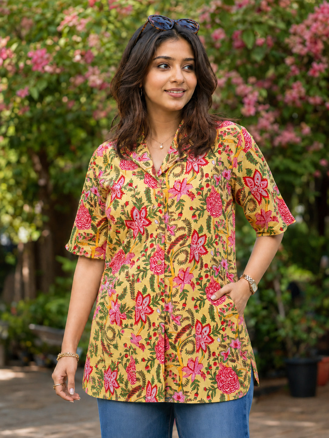 Pspeaches Women Cotton 3/4Th Sleeves Collared Neck Floral Print 1 Piece Shirt - Yellow