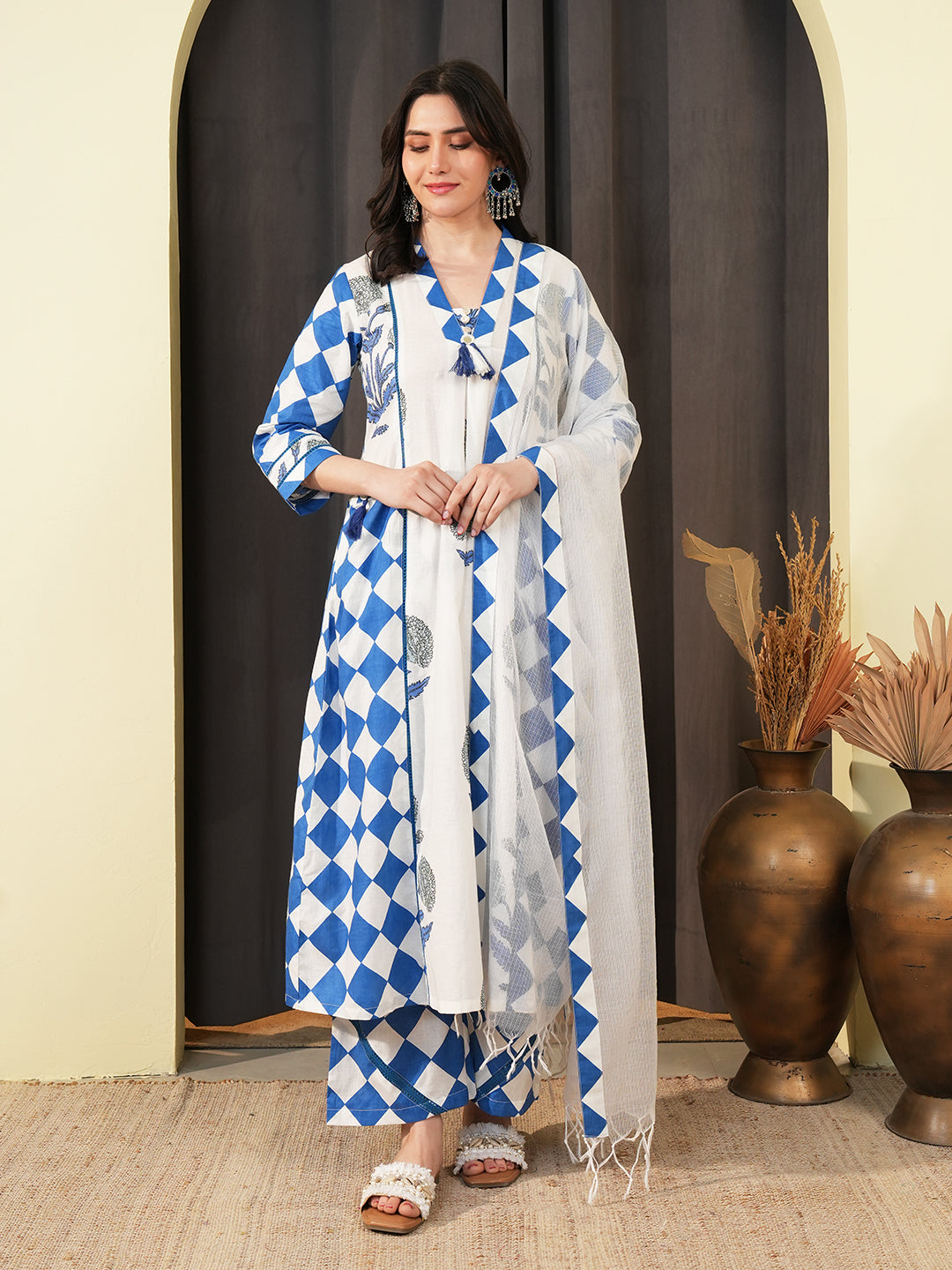 Blue Check Lace Insert Kurta Set with Dupatta