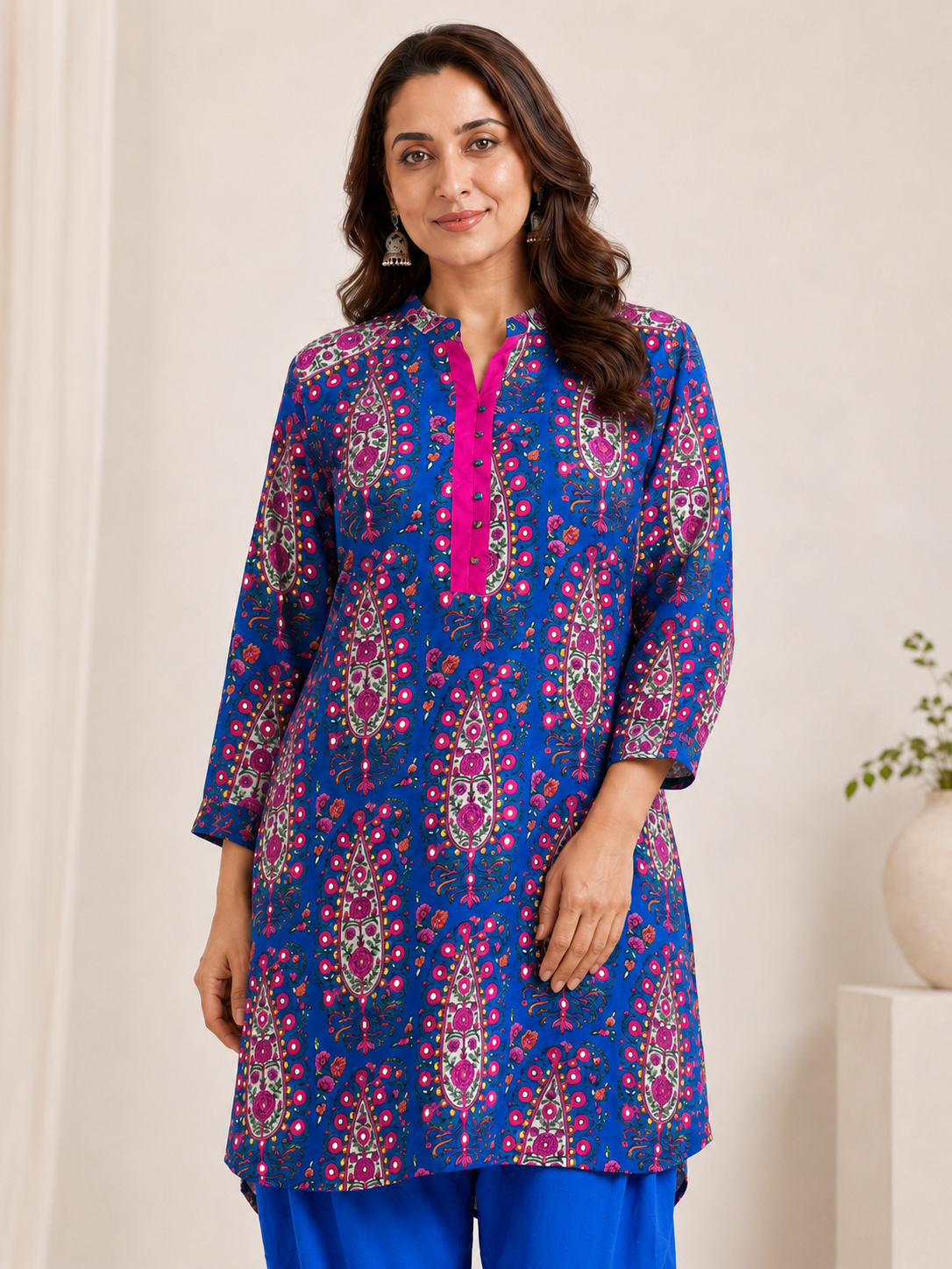 Women's Blue Cotton Mirror Printed Straight Kurta Set with Pants