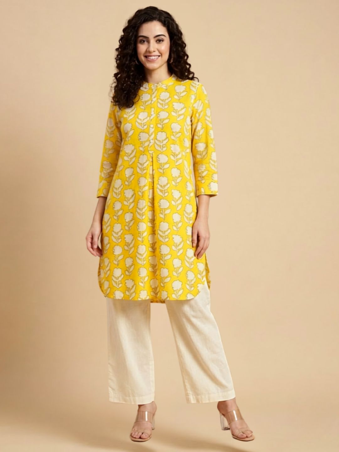 Pspeaches Women Cotton Full Sleeves Mandarin Collar Floral Print Kurta With Pant 2 Piece Set - Yellow & White