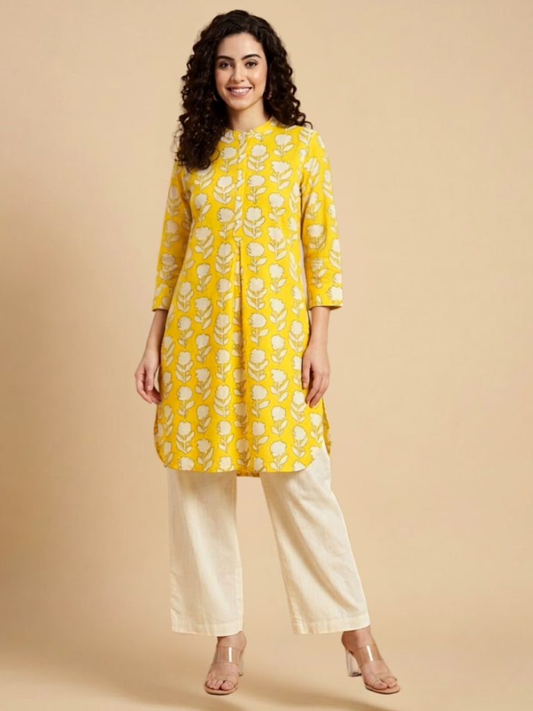 Pspeaches Women Cotton Full Sleeves Mandarin Collar Floral Print Kurta With Pant 2 Piece Set - Yellow & White