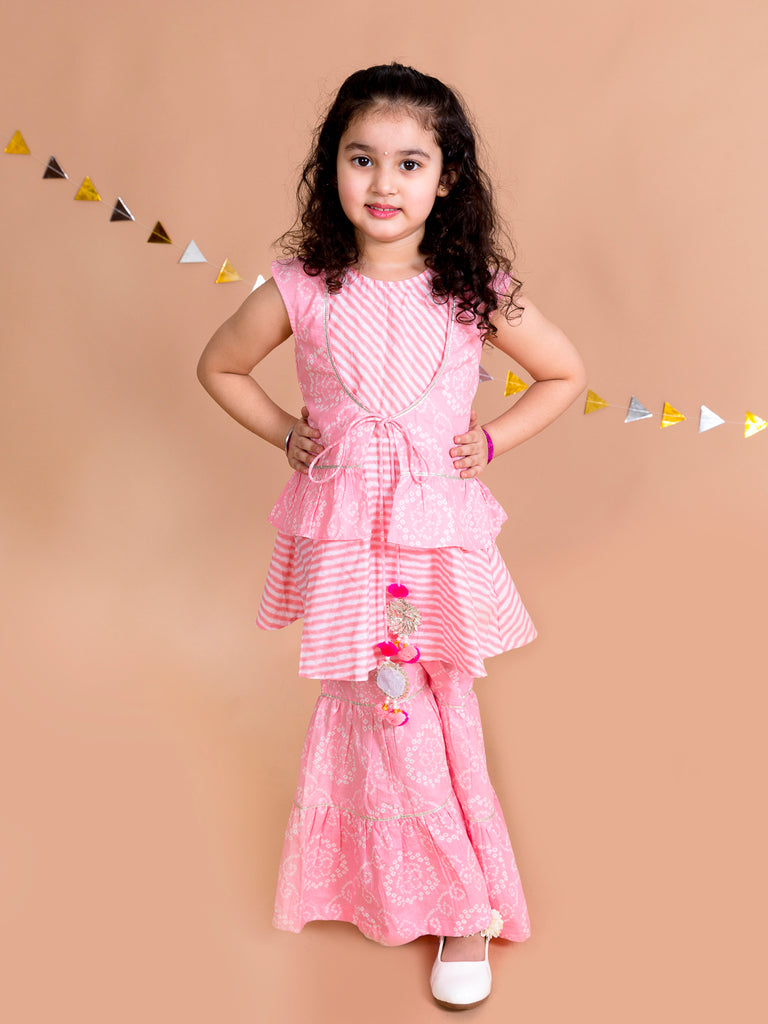 Pspeaches Girls Pink Floral Striped Empire Pure Cotton Kurti With Sharara (SHA-PIN BANDHNI)