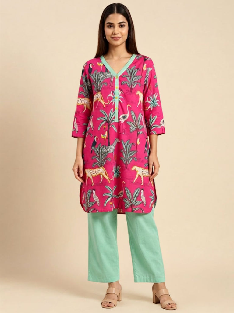 Pspeaches Women Cotton 3/4th Sleeves V Neck Animal Print Kurta With Pant 2 Piece Set - Pink & Green