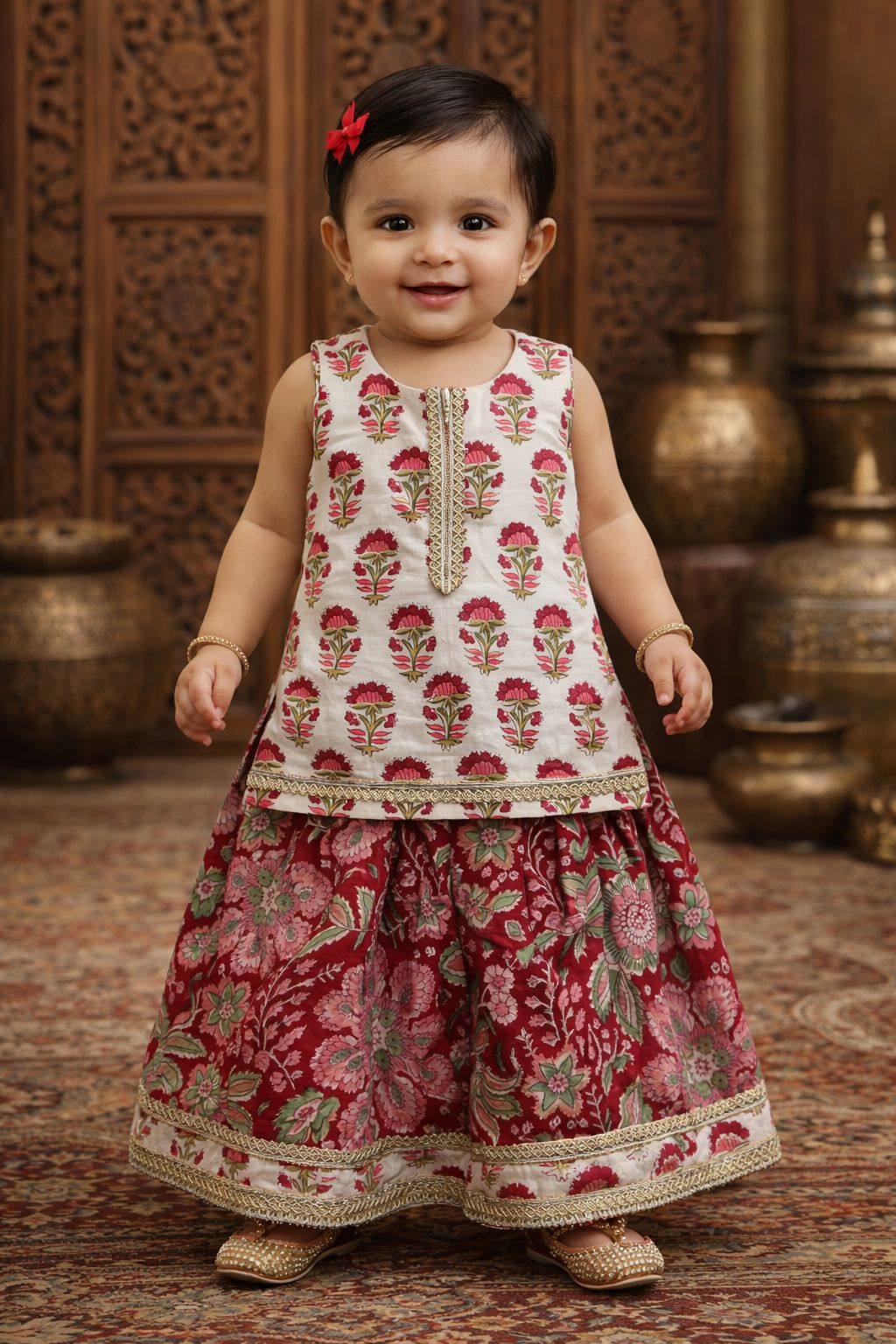 Pspeaches Baby Girls Maroon & White Ethnic Booti Print Cotton Circular Lehenga With Choli Set ( Sku-Ing-Lred )