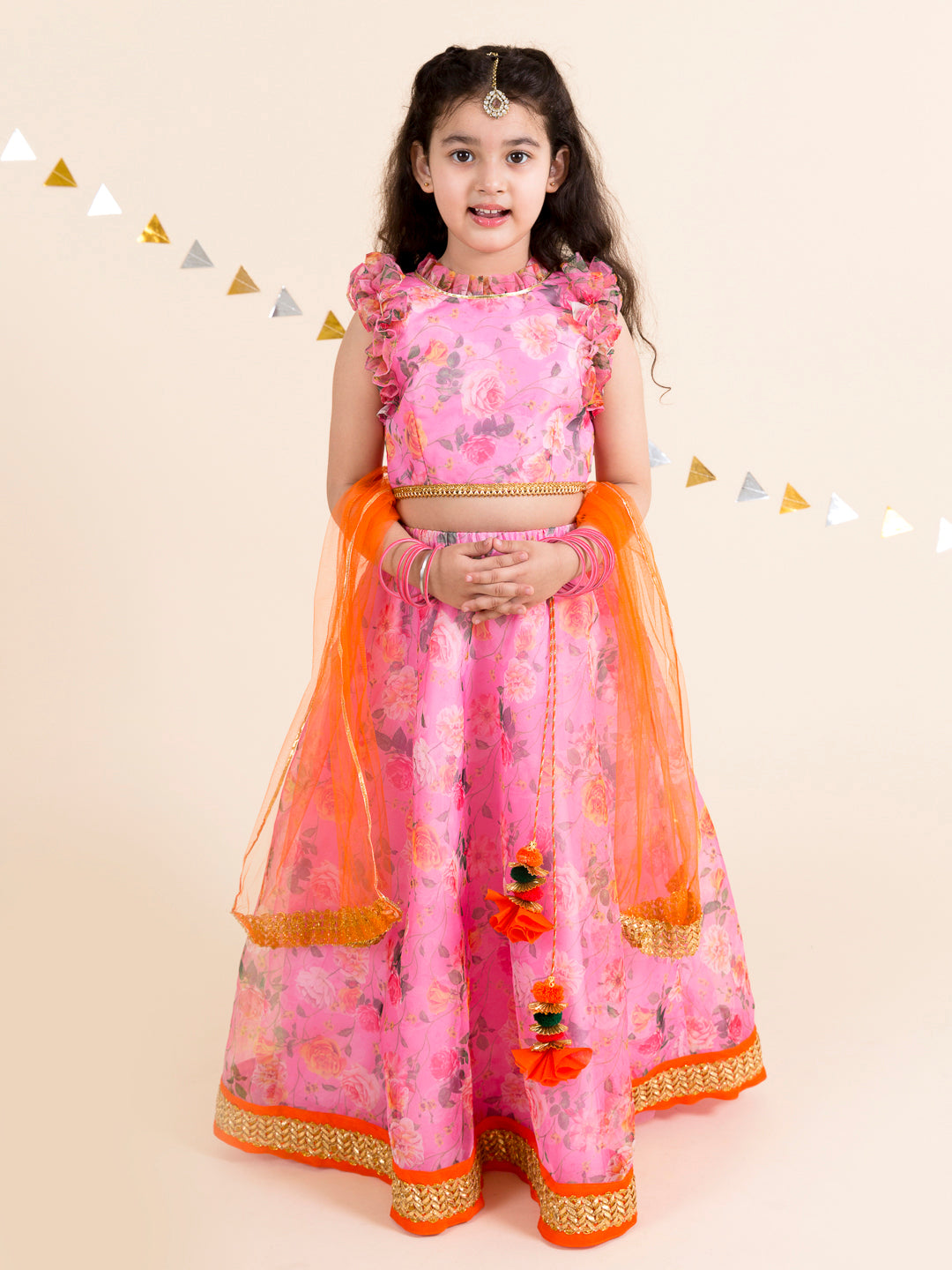 Girls Pink & Orange Printed Ready to Wear Lehenga & Blouse With Dupatta (L-pinkdigital)