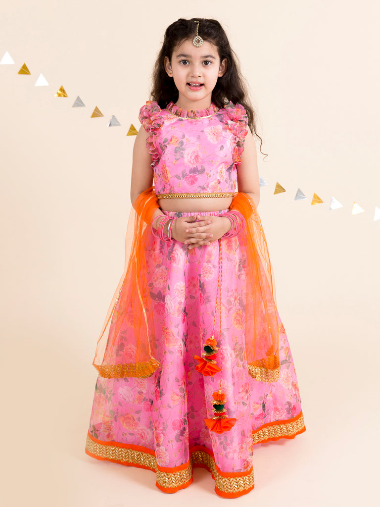 Girls Pink & Orange Printed Ready to Wear Lehenga & Blouse With Dupatta (L-pinkdigital)