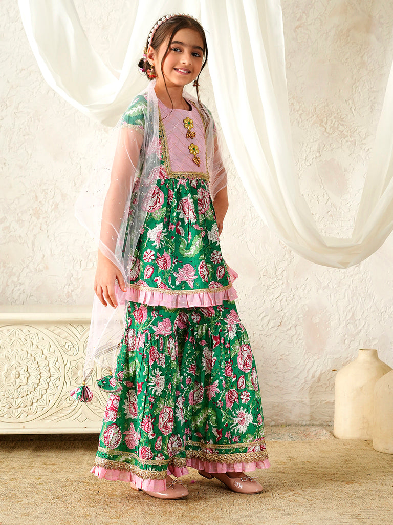 Pspeaches Girls Pink & Green Ethnic Floral Print Cotton A-Line Kurta & Sharara With Dupatta ( Sku-Sha-Greenlurex )