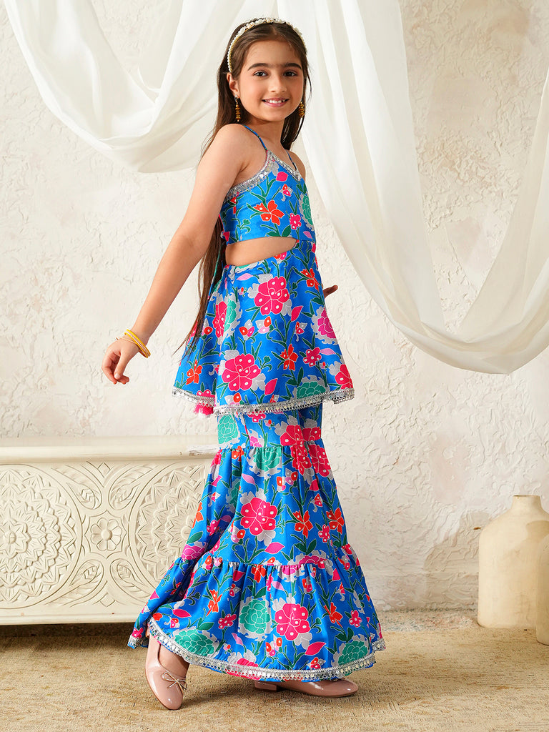Pspeaches Girls Blue Ethnic Floral Print Rayon A-Line Kurta With Sharara Set ( Sku-Sha-Bluevoile )