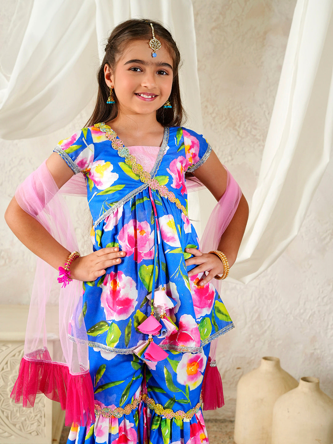 Pspeaches Girls Multi Ethnic Floral Print Rayon A-Line Kurta & Sharara With Dupatta ( Sku-Sha-Pinkwtrose )