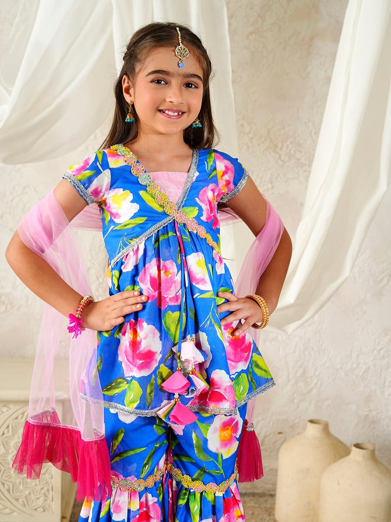 Pspeaches Girls Multi Ethnic Floral Print Rayon A-Line Kurta & Sharara With Dupatta ( Sku-Sha-Pinkwtrose )
