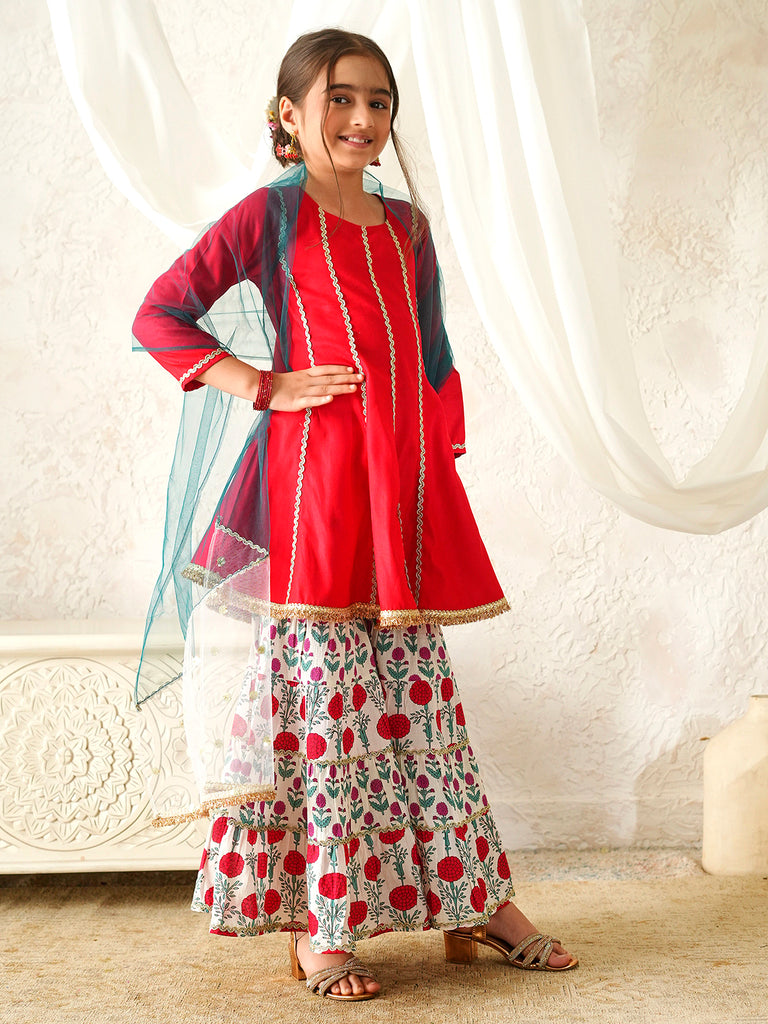 Pspeaches Girls Red Ethnic Floral Print Rayon A-Line Kurta & Sharara With Dupatta ( Sku-Sha-Redrayon )