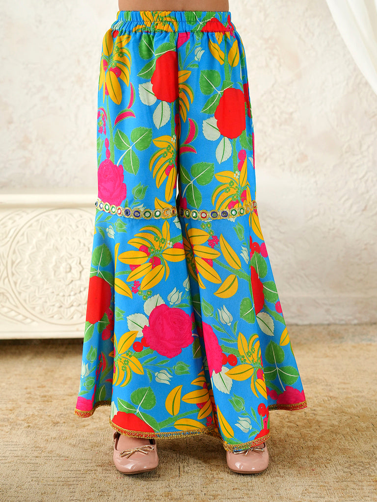Pspeaches Girls Blue Ethnic Floral Print Rayon Regular Crop Top With Sharara Set ( Sku-Sha-Bluemuslin )