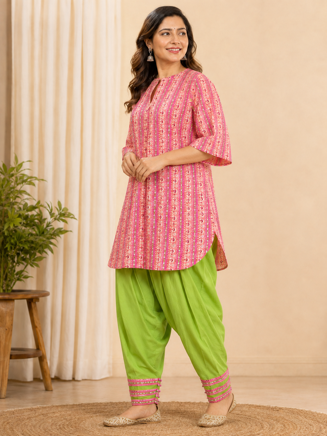 Women's Pink Cotton Striped Straight Kurta Set with Salwar