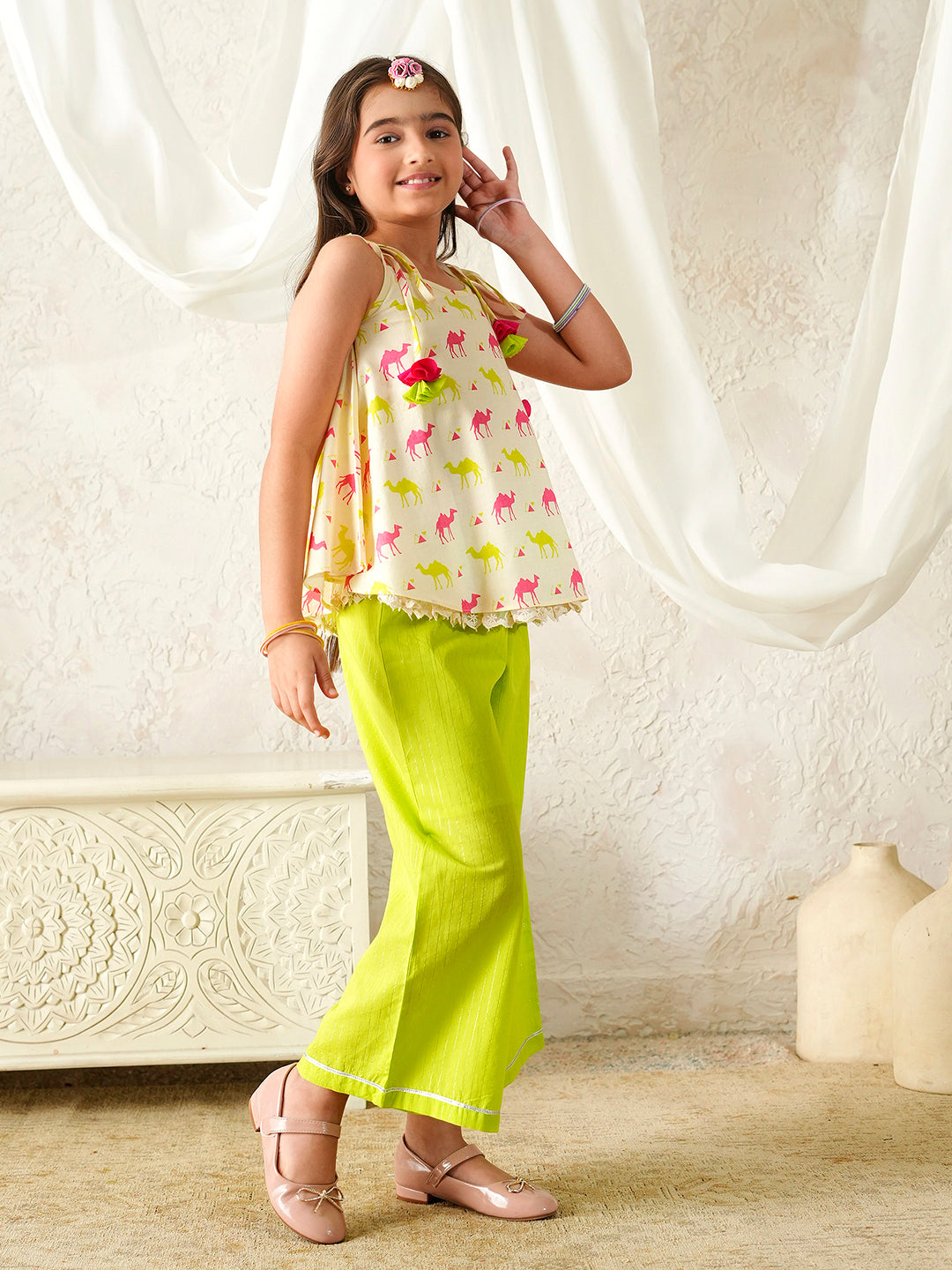 Pspeaches Girls Beige & Green Ethnic Camel Print Cotton A-Line Kurta With Palazzo Set ( Sku-Iw-Camelprint )