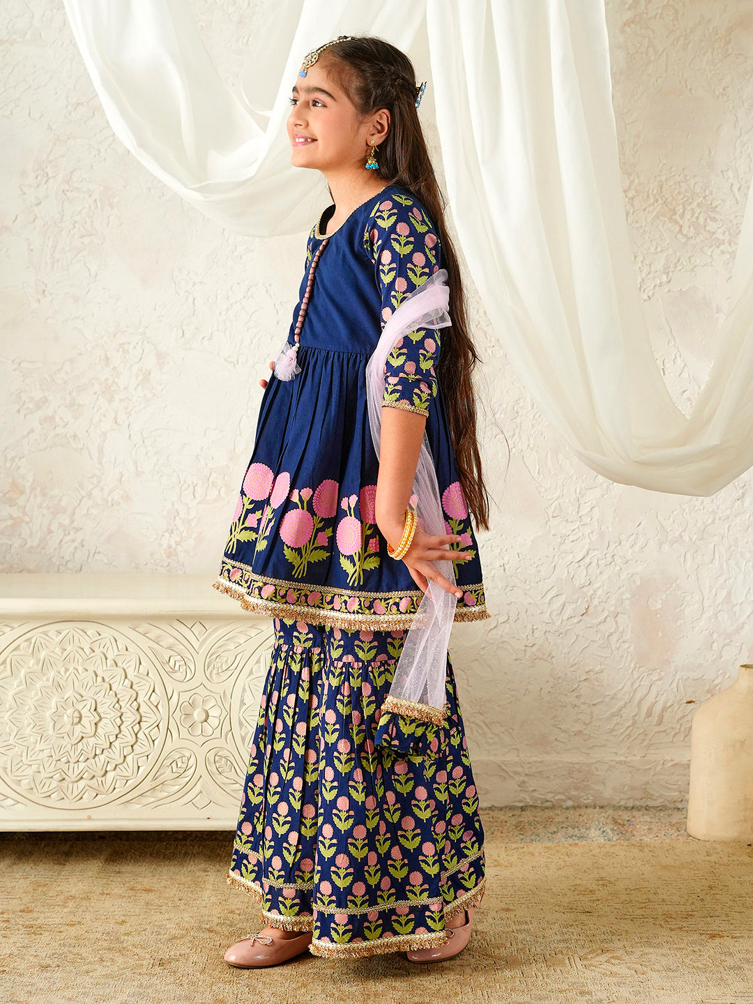 Pspeaches Girls Blue Ethnic Floral Print Cotton A-Line Kurta & Sharara With Dupatta ( Sku-Sha-Navyblcambric )