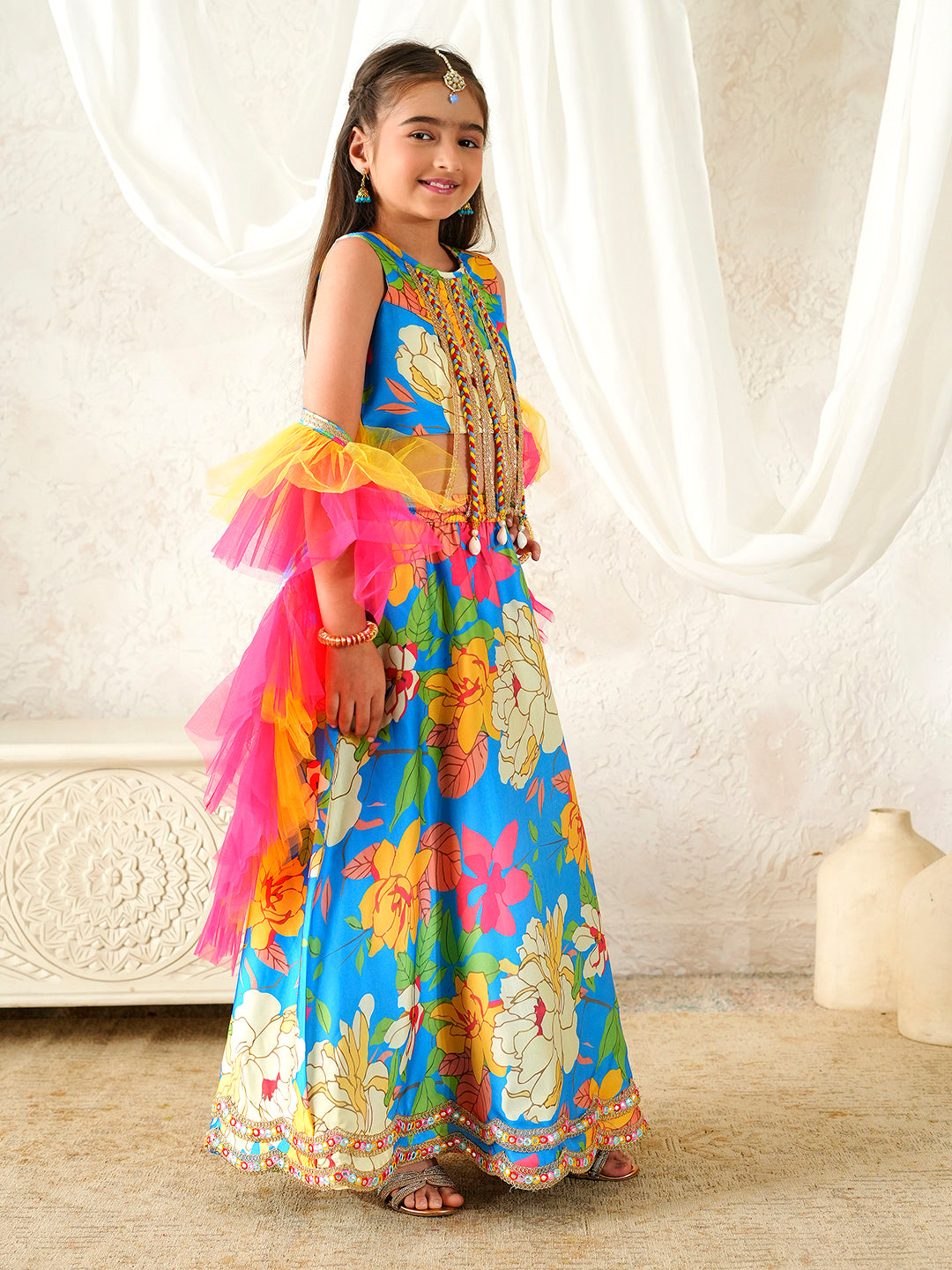 Pspeaches Girls Multi Ethnic Floral Print Satin Circular Lehenga & Choli With Dupatta ( Sku-L-Bluecrepe )