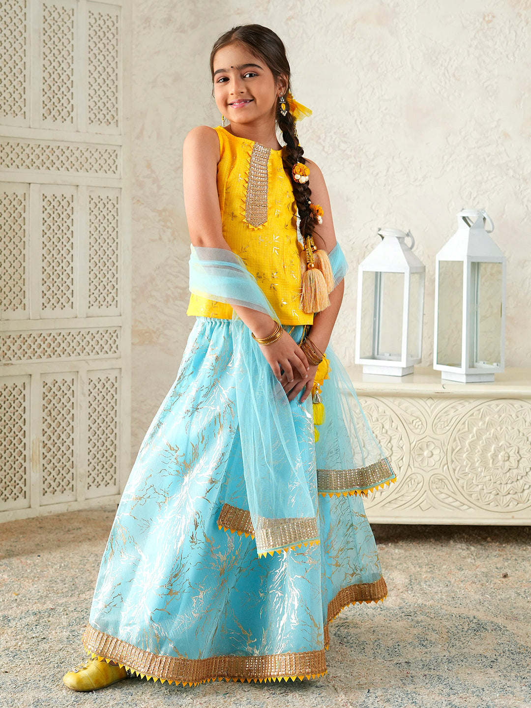 Pspeaches Girls Yellow & Sky Blue Ethnic Foil Print Kota Doria Circular Lehenga & Choli With Dupatta ( Sku-L-Blueshimmer )
